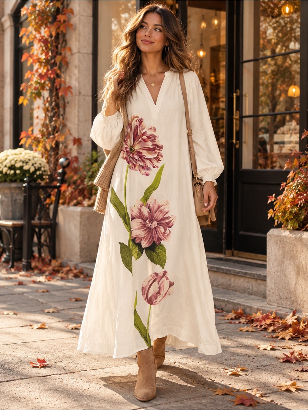 Anthropologie Cream Floral Maxi Dress with Pink Blooms